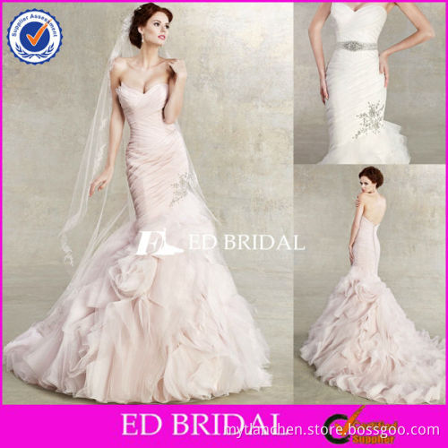 XL032 New Arrival Pink And White Asymmetrical Design Long Ruffles Backless Wedding Gown